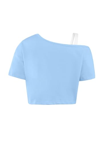 Image of Girls Off The Shoulder Tops Asymmetrical Short Sleeve Crop Top Cute Summer Tee Shirts