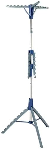 Space-Saving 2-Tier Steel Tripod Hanging Clothes Drying Rack, Blue/Silver, Collapsible, Adjustable Height, Holds Up to 65 Garments