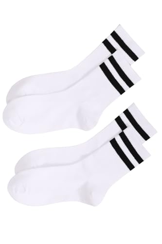 Calmera Socks Cotton Sports Crew Socks, White with Black Stripes, Classic Collegiate Style, 4-Pack
