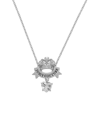 Juicy Couture Crown & Crystal Heart Drop Pendant Necklace for Women (Silver/Clear Crystal)