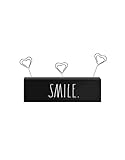 Rae Dunn Photo Holder Picture Display - Multiple Picture Holder for Desk, Table, Cubicle Shelf, Windowsill, Mantle - Cute Heart Shaped Wire Clips in a Decorative Wooden Block Stand - Smile Black