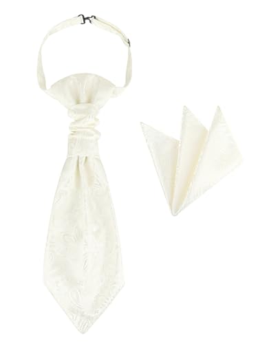 WANYING Cravatta pretagliata in Plastron regolabile con chiusura a gancio per matrimonio – Paisley, Bianco - con fazzoletto da taschino, Taglia unica