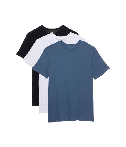 Tommy Hilfiger Men's Underwear 3 Pack Short Sleeve Cotton Crew Neck Sleep Tee, Black/White/Blue, Large