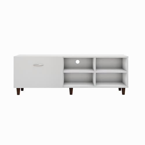 Image of VIKI Modern TV Unit for Living Room | Engineered Wood TV Cabinet with 1 Drawer Storage & 2 Open Shelves, Set Top Box Stand, Entertainment Unit, 140W x 48H x 40D cm | DIY | 1 Year Warranty (White)