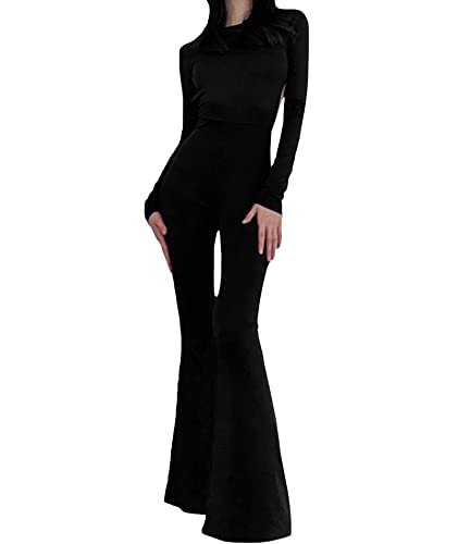 SOMTHRON Tuta sexy da donna, a maniche lunghe, con schiena scoperta, a gamba larga, a campana, bodycon One Piece Playsuit, Nero , M