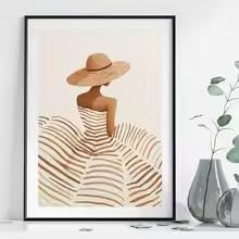 BMGKYAGL Minimalistyczny plakat na płótnie "Kobieta z kapeluszem przeciwsłonecznym", neutralny beżowy obraz ścienny w stylu bohemy do sypialni i salonu (30 x 45 cm/rama wewnętrzna)