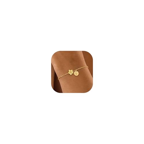 Image of KAERUN Initial Birthstone Gold Bracelets for Women Dainty Flowers Bracelets