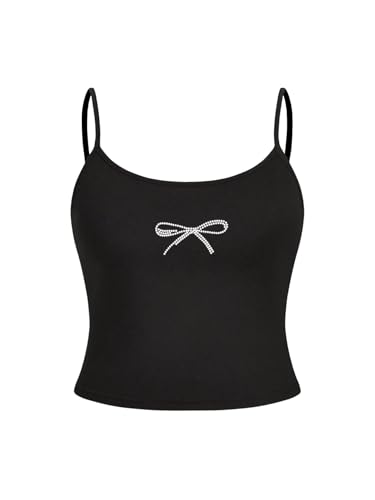 GORGLITTER Girl's Bow Cami Top Rhinestone Spaghetti Strap Summer Sleeveless Tops Black 12Y