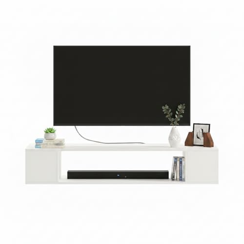 Image of FURNEASER Ether Modern Wall Mounted TV Unit with Floating Shelf | Wooden TV Entertainment Unit for Living Room | Engineered Wood Media Console for 43,50, 55 to 65 Inch TV (White)