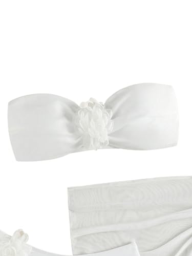 SOLY HUX Women's 3 Piece Swimsuit Floral Appliques Bandeau Bikini Sets Bathing Suit with Beach Skirt Solid White Medium-13