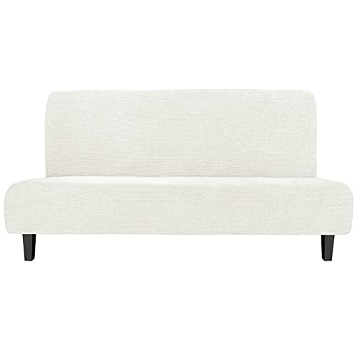 Image of Easy-Going Stretch Large Futon Slipcover Armless Futon Cover Cream | Sofa Bed Furniture Protector Without Armrests with Elastic Bottom for Kids, Soft Jacquard Machine Washable