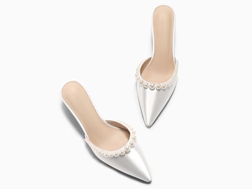 Image of Coutgo Womens Pearl Kitten Heels Closed Pointed Toe Wedding Bride Dress Shoes Ankle Strap Satin Pumps