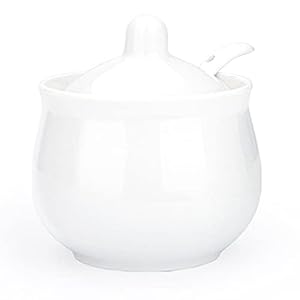 Ceramic Sugar Bowl with Lid and Spoon, Porcelain Salt Storage Jar, White Seasoning Container for Home and Kitchen, 7 Ounces (White)