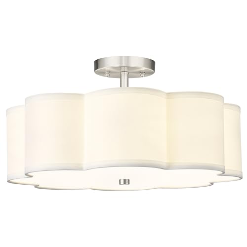 Image of Semi Flush Mount Ceiling Lights, 4-Light 18 inch Ceiling Light Fixtures with Fabric Shade in Flower Shape, Brushed Nickel Farmhouse Drum Lighting for Nursery Bedroom Kitchen, AD-22009-4SF-SN