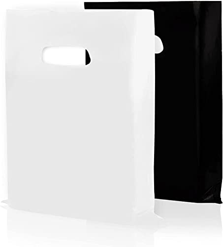 Houseables Merchandise Bags Plastic Shopping Bags with Handles 16x18 100 Pack 1.75 Mil Thick Black & White Die Cut Retail Boutique Small Business Sales Gift Craft Fair Supplies Glossy