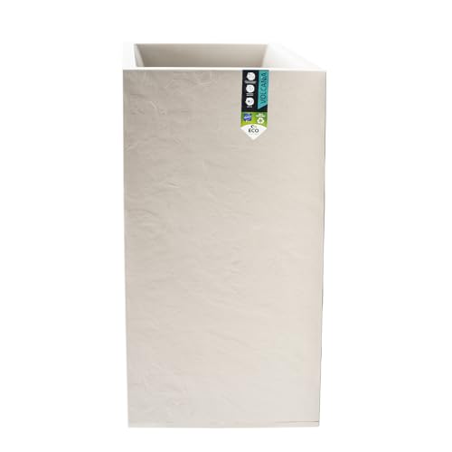 EDA - Bac à Fleurs Carré Haut Volcania 31 L - Décor Imitation Pierre - Double Paroi - Zone de Rétention d'eau - 39,5 x 39,5 x 80 cm - Beige Calcaire