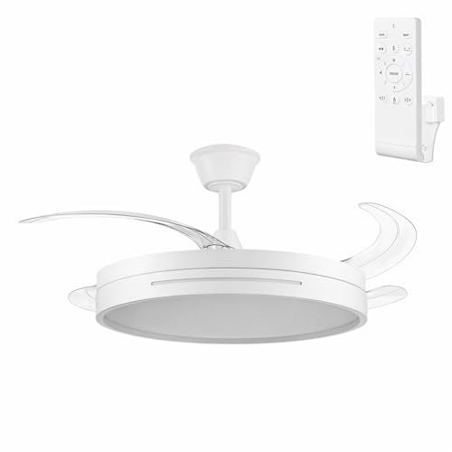 Greenice Ventilador de Techo Blanco Ø106 cm | Motor DC 30W | 4 Aspas Desplegables Transparentes | Luz LED 59W 6980lm | CCT 3500-4000-6500K | 6 Velocidades | Mando | Invierno/Verano
