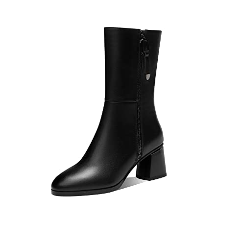 TinaCus Women's Round Toe Genuine Leather Handmade Dual Zippers Chunky Heels Classic Mid-Calf Boots