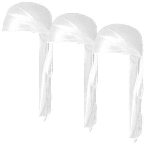 COYUN 3 PCS Durag de Cola Larga, Sombrero Pirata, Gorro de Onda Sedoso Bandanas Piratas Para unisexo, Durag de Seda Satinado Para unisexo, Banda de Cabeza Ondulada, Hip Hop y Decoración Diaria, Blanco