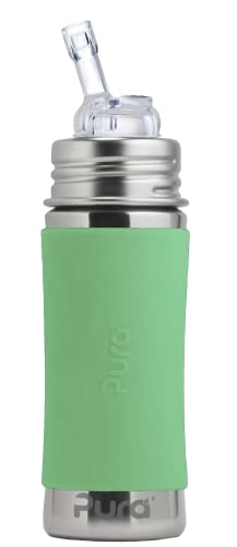 Image of Pura Kiki 11oz/325ml Stainless Steel Straw Bottle w/Sleeve, 100% Plastic-Free, MadeSafe Certified, 100% Medical-Grade Silicone Straw for Kids, Toddlers, Preschoolers, Babies & Infant - Moss Sleeve