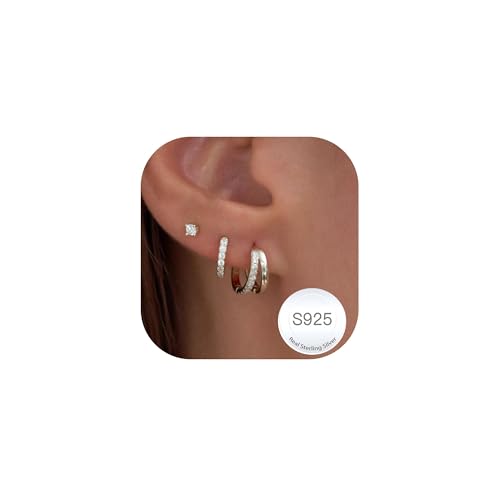 Halora Ohrringe Silber 925 Set Damen Kleine Creolen Ohrstecker Silber Hypoallergen Stapelbar Ohrringe Stecker Creolen Set Gifts Double Hoop Earrings for Women