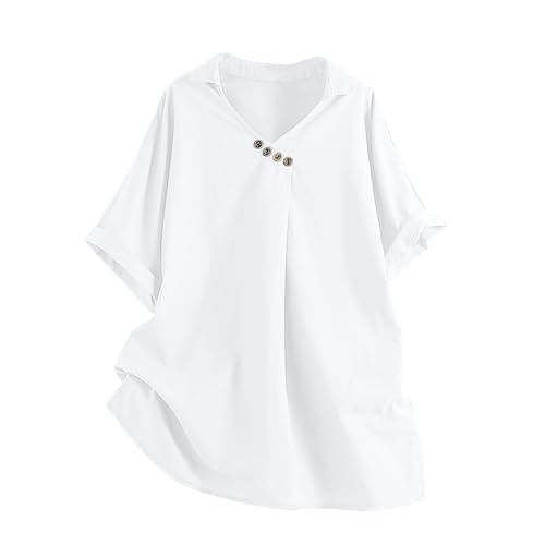 Blouse for Women Casual Summer V Neck Button Down Basic Comfy Tee Fashion Lightweight Loose T Shirt for (White, XXL)