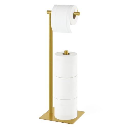 Toilet Paper Holder Stand Beige Gold Free Standing TP Holder, Metal Toilet Paper Roll Holder with Reserve Bathroom Tissue Storage Holder, Beige Gold