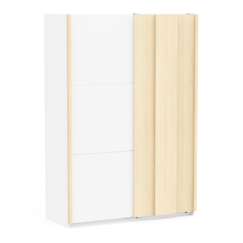 Armoire Portes Coulissantes avec Penderie et Etagères – Décor Blanc et Bois de Chêne – Armoire de Chambre d’Adulte Très Tendance – Made in France