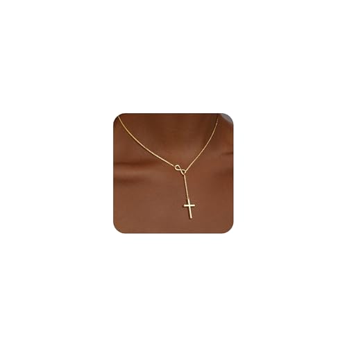 Poxtex Cross Necklace for Women Unique Trendy 14K Gold Plated Jewelry Long Y Necklace Sideway Cross Non Tarnish Waterproof Golden Accessories Christian Religious Baptism Faith Jewelry Easter Gift