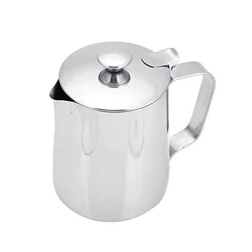 VGEBY Tasse à Mousser, Pichet à Lait en Acier Inoxydable de qualité Supérieure avec Couvercle, Poignée Ergonomique pour la Cuisine et le café à Domicile (350ML)