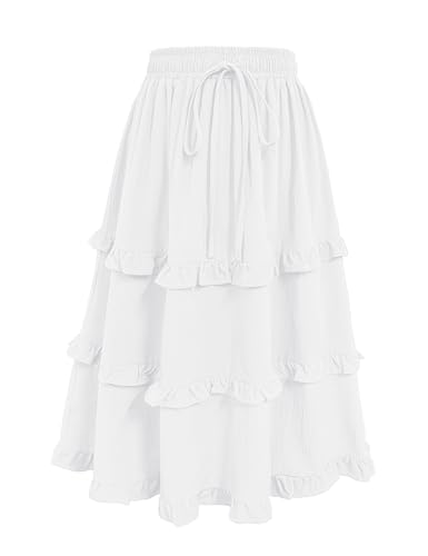 Image of Girls High Waisted Ruffle Maxi Skirt Soft Cotton Long Skirts with Elastic Waistband for Kid Girl 3-12 Years