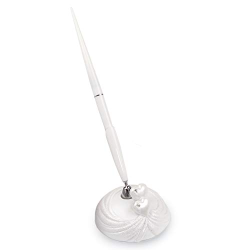 Mopec Bolígrafo para Libro de firmas con Soporte Decorado con Corazones, Pack de 1 Unidad, Resina, Blanco, 5.70x10.70x20.50 cm