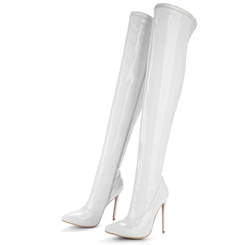 UniqueStride Women's Patent Leather Thigh High GoGo Boots Stiletto High Heels Pointed Toe Side Zip up Over the Knee Boots