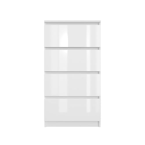 SoDREAMER Commode 4 tiroirs 50 cm | Blanc - Face Brillante Idéal pour Chambre, Salon, Chambre d'enfant et Bureau | Commode spacieuse | Design Moderne | 50x97x40 cm