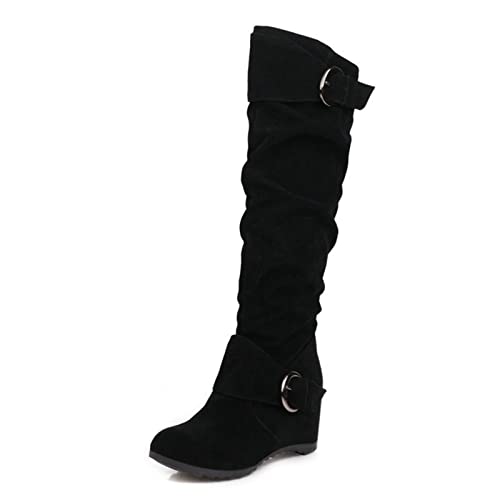 VULTRO Women's Faux Suede Knee High Boots Wedge Heel Wide Calf Slouchy High Boots with Buckle