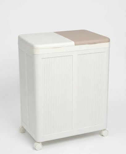 MallArt® Premium Katlanabilir Tekerlekli Çamaşır Sepeti - 100 Litre Çift Bölmeli Çok Amaçlı Düzenleyici, Kapaklı ve Kirli Ayrıştırma Özellikli Banyo ve Ev Saklama Kutusu (Krem)