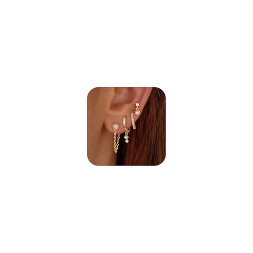 Gold Plated Earrings for Women, Dainty Earring Stacks 14K Gold Plated Pearl Huggie Hoop Earrings for Women Trendy Small Cute Hypoallergenic Cartilage Earring Sets Fashion Jewelry Sets for Womens
