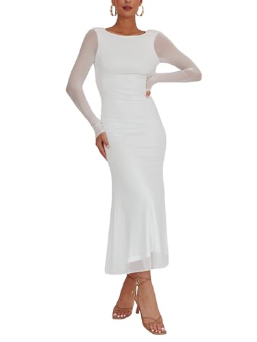 Image of Aisbei Women's Elegant Bodycon Maxi Dress Long Sleeve Boat Neck Backless Dress Party Cocktail Formal Wedding Guest Dresses