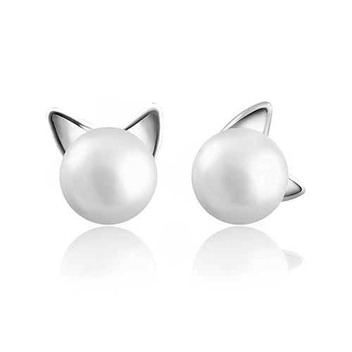 Cute Cat Stud Earrings, Hypoallergenic Small Pearl Earrings for Women Silver