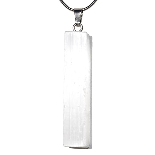 Zenergy Gems Charged Natural Moroccan 2' Selenite Pendant + 20' Stainless Steel Snake Chain + Selenite Puffy Heart Charger [Included] USA-Made