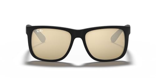Image of Ray-Ban Unisex RB4165 Justin Rectangular Sunglasses, Rubber Black /Light Brown Mirrored Dark Gold, 55 mm