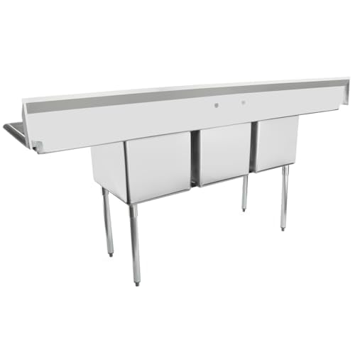 Image of Empura 88 inch Wide Stainless Steel Three Compartment Commercial Sink | Prep Utility 16 x 20 Bowl for Catering Laundry Garage | (2) 18 inch Drainboard, 9.75 inch Backsplash, 88 inchW x 25.5 inchD x 44.25 inchH, 18 Gauge, NSF