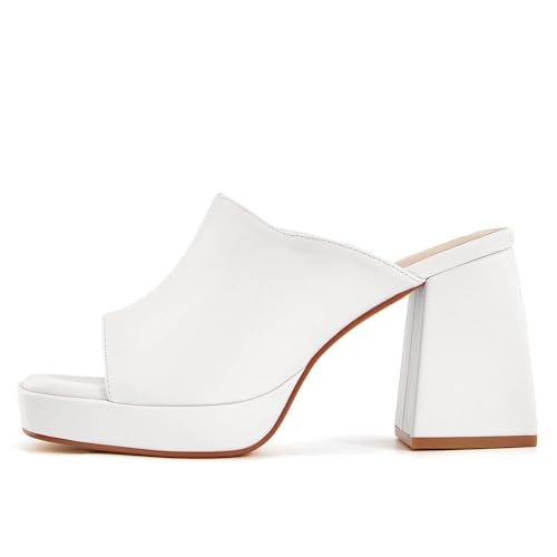 Coutgo Womens Chunky Platform Mules Sandals Slip On Block Heels Square Toe High Heeled Dress Shoes2