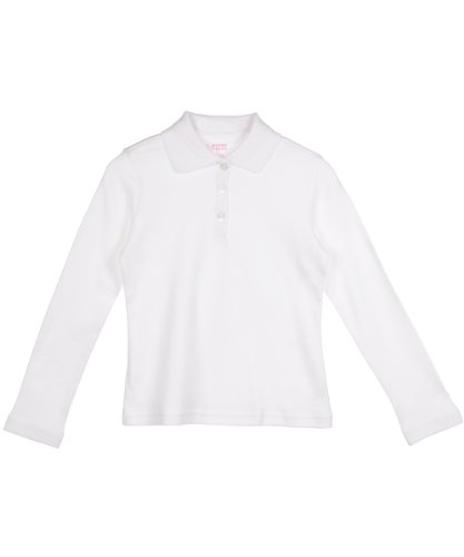 French Toast Big Girls' L/S Fitted Knit Polo With Picot Collar - white, 10/12
