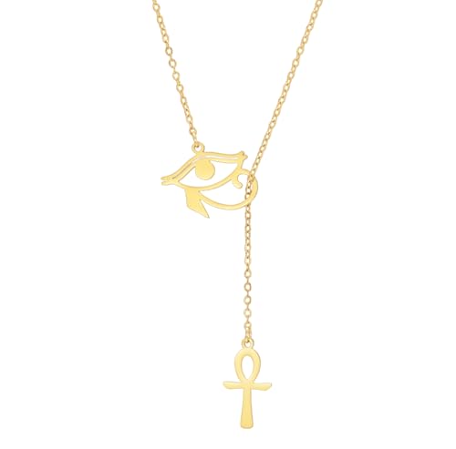 EUEAVAN Collier Ankh Cross Y Pendentif Clé de la vie Œil d'Horus Cartouche Longue chaîne Protection Amulette copte africaine Bijoux religieux égyptiens anciens Cadeau (Croix Ankh Œil d'Horus or)