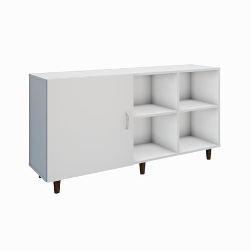Image of VIKI Modern TV Unit for Living Room | Engineered Wood TV Cabinet with 1 Door Storage & 2 Open Shelves, Set Top Box Stand, Entertainment Unit, 140W x 74H x 40D cm | DIY | 1 Year Warranty (White)