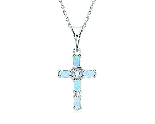 YUNKAI Blue Opal Faith Cross Necklace for Women Sterling Silver,