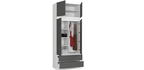 BDW Armoire à 4 portes, 4 étagères, Penderie, 2  tiroirs, pour chambre à coucher, salon, couloir, 234 x 90 x 51 cm, en blanc/gris, une taille