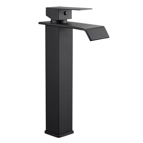 Sistaby Basin Mixer Taps Tall Black Bathroom Sink Tap Mixers Waterfall Countertop High Square Cloakroom Faucet Monobloc Stainless Steel with G1/2’’ Hoses Mono 1 Hole