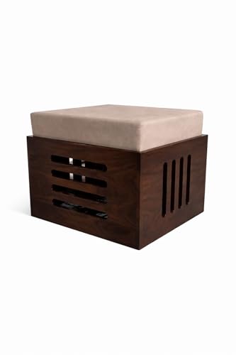 Image of Solid Sheesham Wood Center Coffee Table Set - Includes 4 Stools and Glass top Table Wooden Niwar Design ; Furniture for Living Room, Hall and Office. (Dark Walnut)